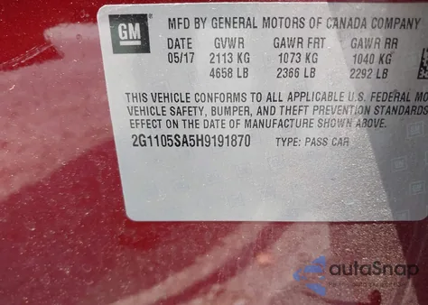 2017 Chevrolet Impala 1Lt z USA, uszkodzony, nr VIN 2G1105SA5H919187